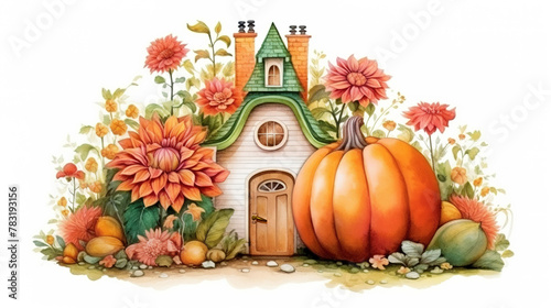 Charming wooden fairy house among orange dahlias and ripe pumpkins, beautiful turquoise roof and brick chimney,garden
