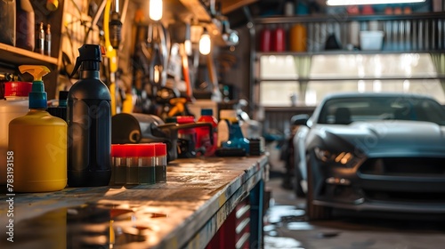 Organized Garage Workspace with Variety of Car Care Products and Tools for DIY Maintenance and Repair