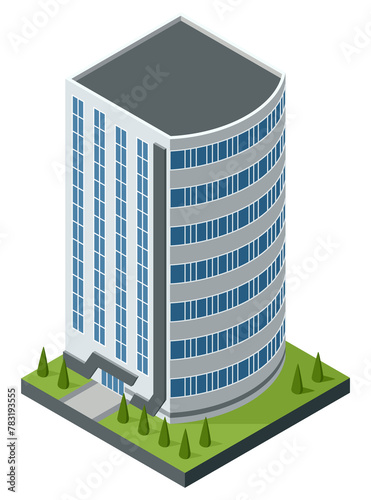 Fototapeta Naklejka Na Ścianę i Meble -  Isometric offices or business center icon. Town apartment building city map creation. Architectural  3d illustration. Infographic element. City house composition
