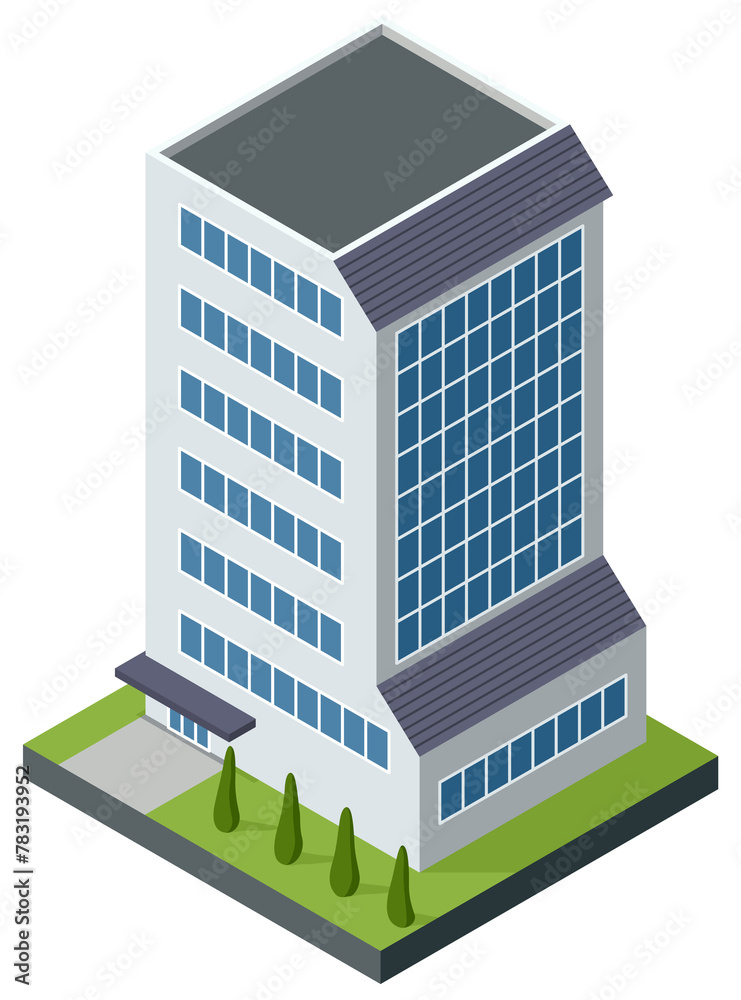 Isometric offices or business center icon. Town apartment building city map creation. Architectural 3d illustration. Infographic element. City house composition Isometric offices or business center icon. Town apartment building city map creation. Architectural 3d illustration. Infographic element. City house composition