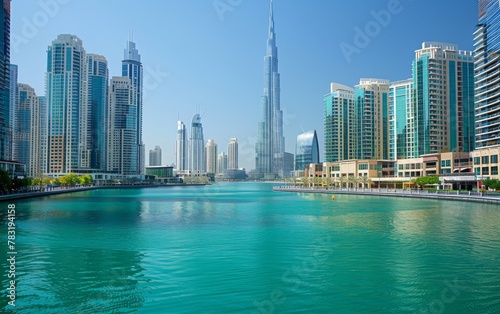 Azure sky  skyscrapers tower over water in city skyline