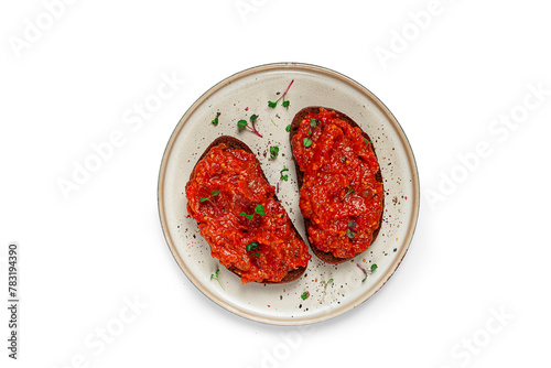 sandwiches, rye bread with eggplant caviar, breakfast, top view, no people, photo