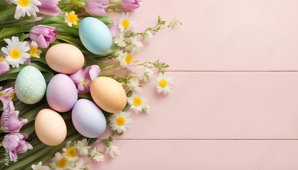 A charming arrangement of pastel-colored Easter eggs and spring flowers on a soft pink wooden background, capturing the essence of the holiday.