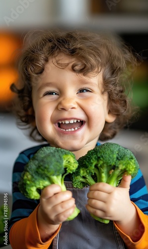Little cheerful toddler child kid with healthy white teeth eating broccoli and green vegetables at home and happily smiling