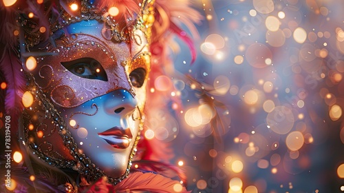 Venetian Carnival Masquerade: Shiny Streamers and Abstract Bokeh Lights Enhance Disguised Partygoers