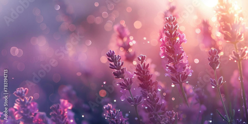Field of Lavender Flowers in the Morning Sunlight with Sparkling Water Droplets on Leaves