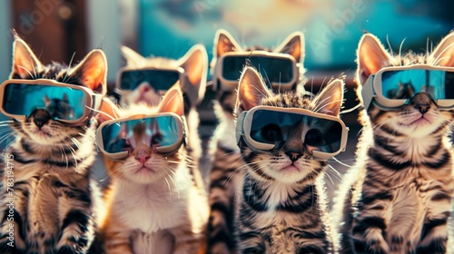 Cats don 3D glasses, captivated by the latest cinema technology, a playful depiction of entertainment and innovation photo