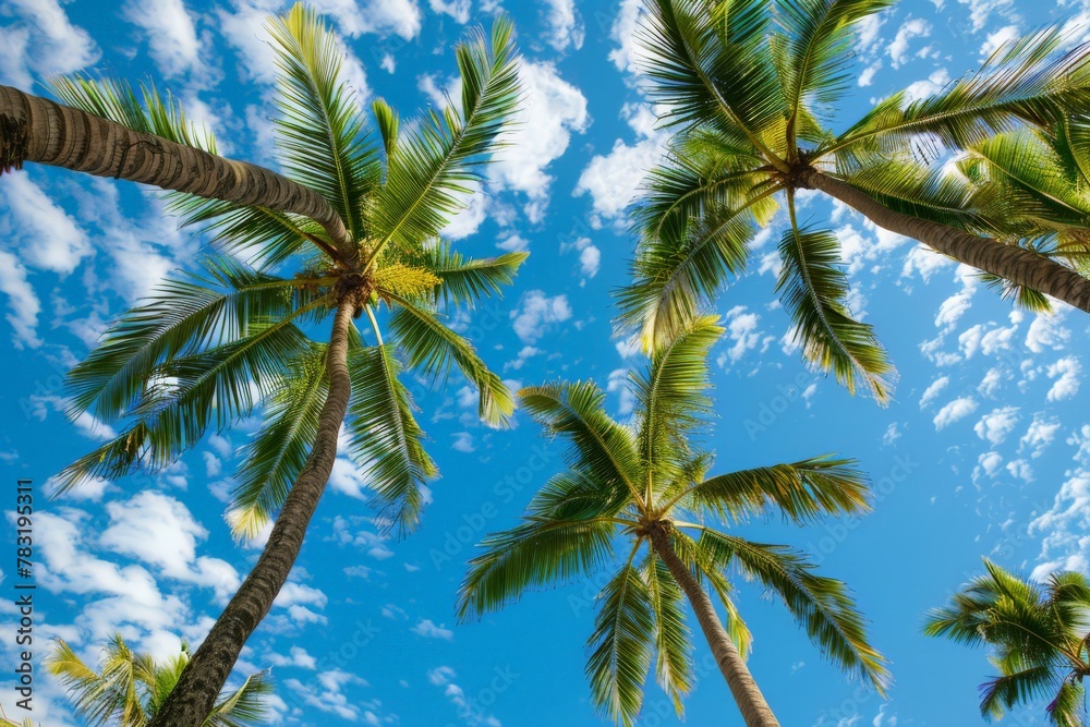 Low angle view of tropical coconut palm trees with clear blue sky - AI Generated. Beautiful simple AI generated image in 4K, unique.