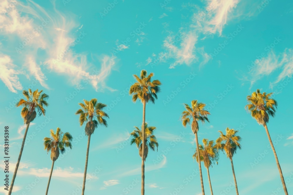 Low angle view of tropical coconut palm trees with clear blue sky - AI Generated. Beautiful simple AI generated image in 4K, unique. Low angle view of tropical coconut palm trees with clear blue sky - AI Generated. Beautiful simple AI generated image in 4K, unique.