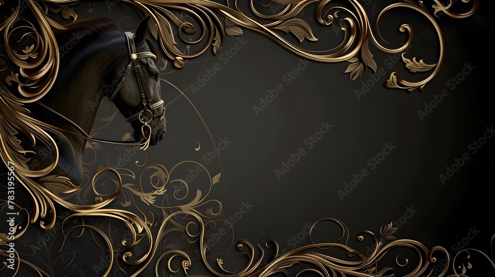 Regal Arabian Horse in Ornate Golden Harness Against Luxurious Damask Backdrop - obrazy, fototapety, plakaty 