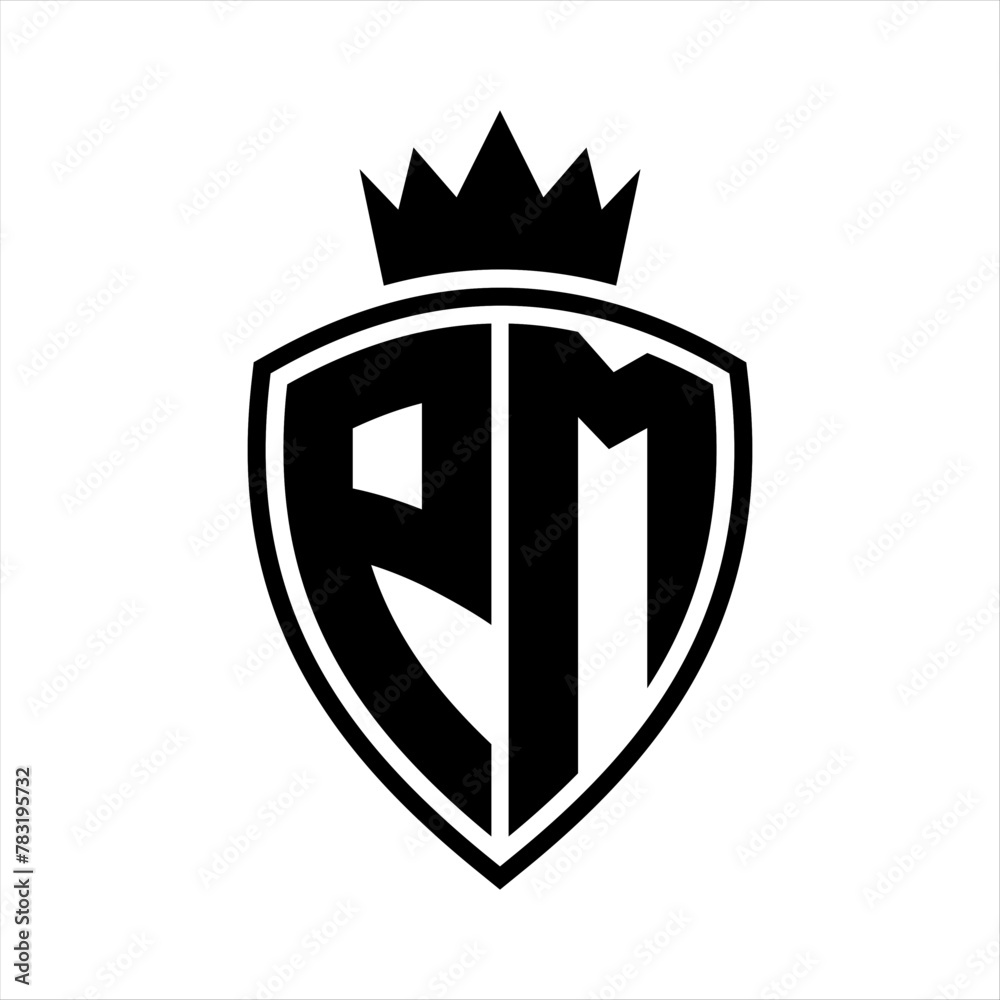 PM Letter monogram shield and crown outline shape with black and white color design PM Letter monogram shield and crown outline shape with black and white color design