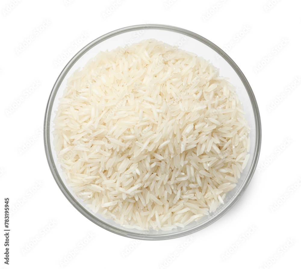 Raw basmati rice in bowl isolated on white, top view Raw basmati rice in bowl isolated on white, top view