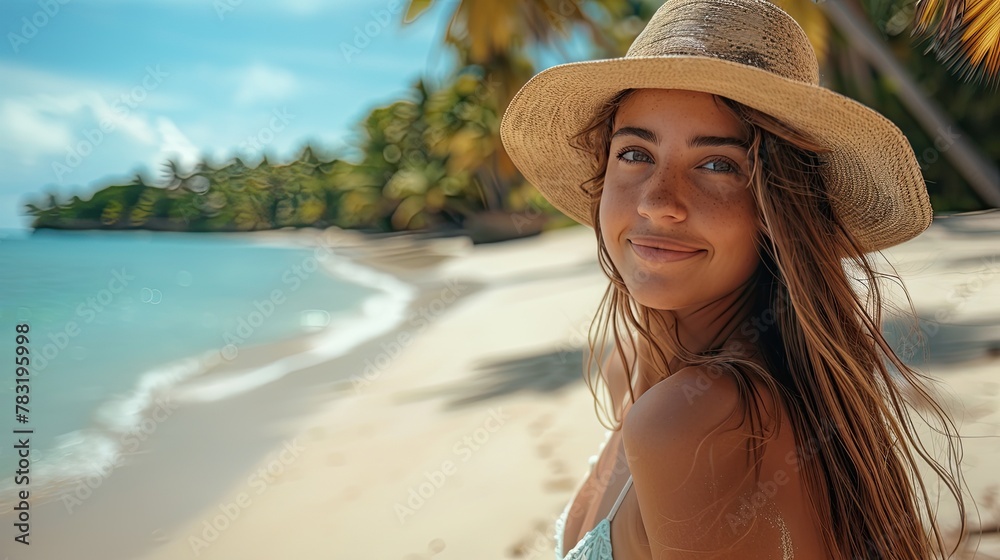 Tropical Beauty: Stunning Girl with Hat Enjoying the Beach