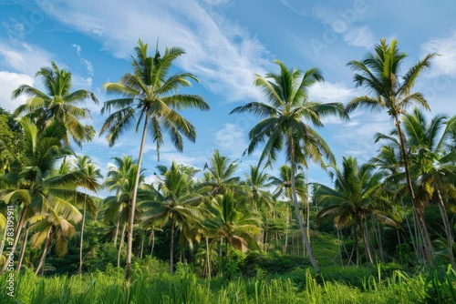 Low angle view of tropical coconut palm trees with clear blue sky - AI Generated. Beautiful simple AI generated image in 4K, unique. © ArtSpree
