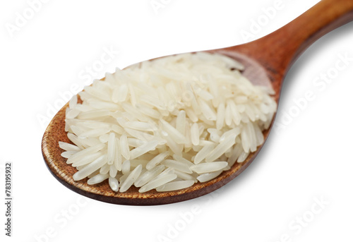 Raw basmati rice in spoon isolated on white
