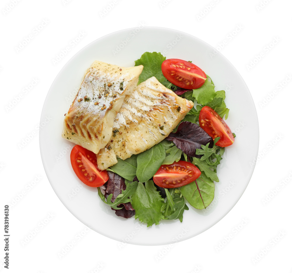 Tasty cod served with salad isolated on white, top view Tasty cod served with salad isolated on white, top view