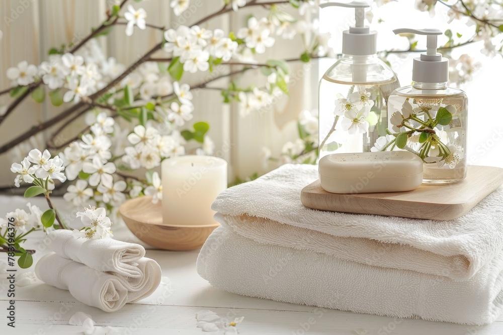 Spa bathroom with toiletries, soap, and towel on soft white background for serene ambiance