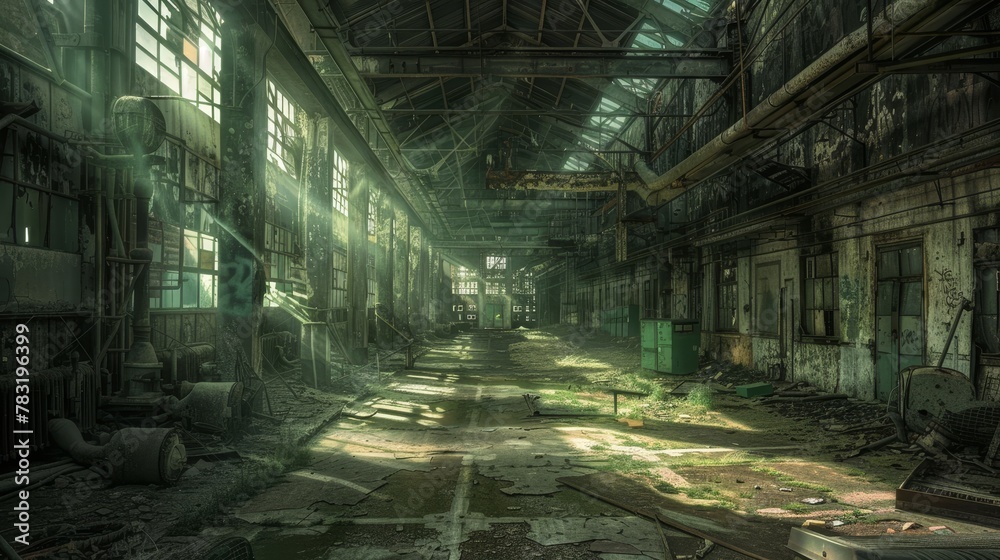 Shadows and dust fill a sprawling hall of an old electronics factory, a grunge scene of forgotten industry