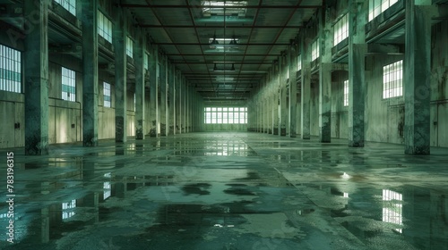 The ghostly silence of an abandoned electronics factory, its empty floor a testament to obsolescence photo
