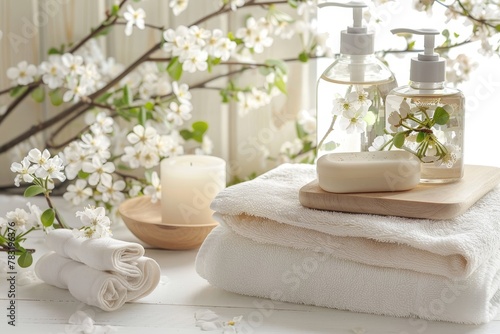 Spa bathroom with toiletries, soap, and towel on soft white background for serene ambiance