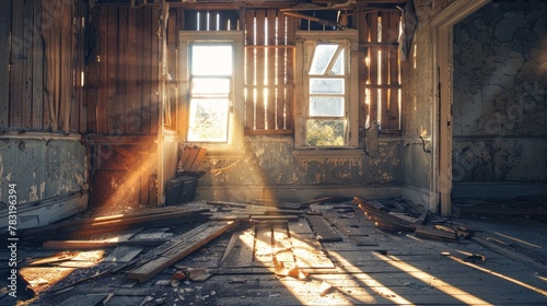 Sunlight piercing the shadows of an abandoned house's destroyed room, beams exposed photo
