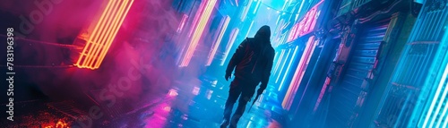 Assassin emerging from a wormhole, neon-lit alley.
