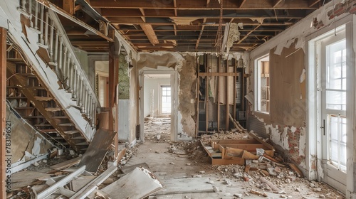 Interior view of an abandoned house, where time has left beams bare and walls crumbled photo