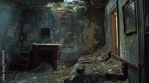 Eerie interior of a destroyed room, remnants of life scattered amidst an abandoned house