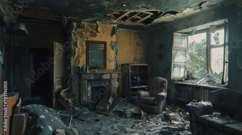 Crumbling walls and scattered remnants paint a somber picture in the interior of an abandoned abode photo