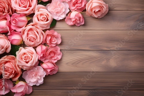 Romantic floral composition with loosely arranged rose flowers on a wooden background © JetHuynh