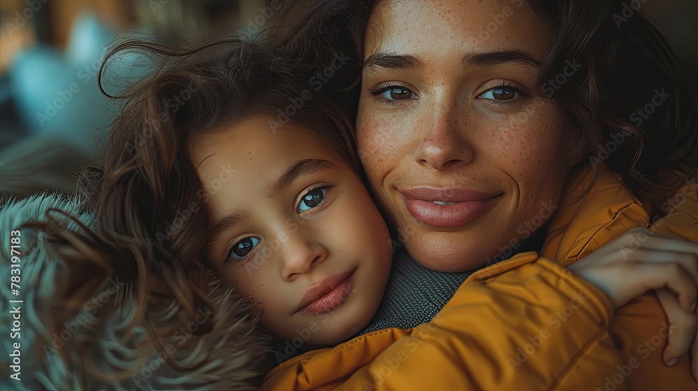 Mom hugs her daughter, dark-skinned African-American woman close-up portrait. Concept for mother's day, birth, family, motherhood, banner, copy space, March 8, holiday.