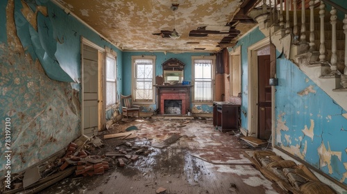 A glimpse inside an abandoned house  with fractured beams and a hauntingly empty room
