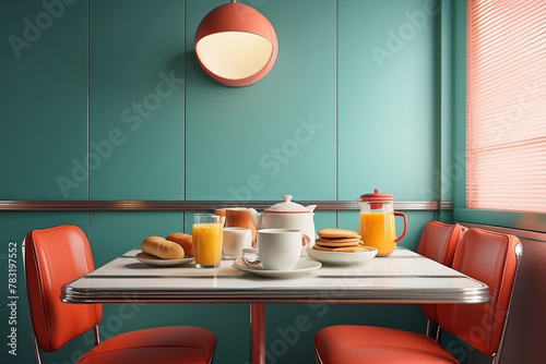 Retro vintage fresh delicious breakfast with pancakes with food, cup of coffee and glasses of juice on the table