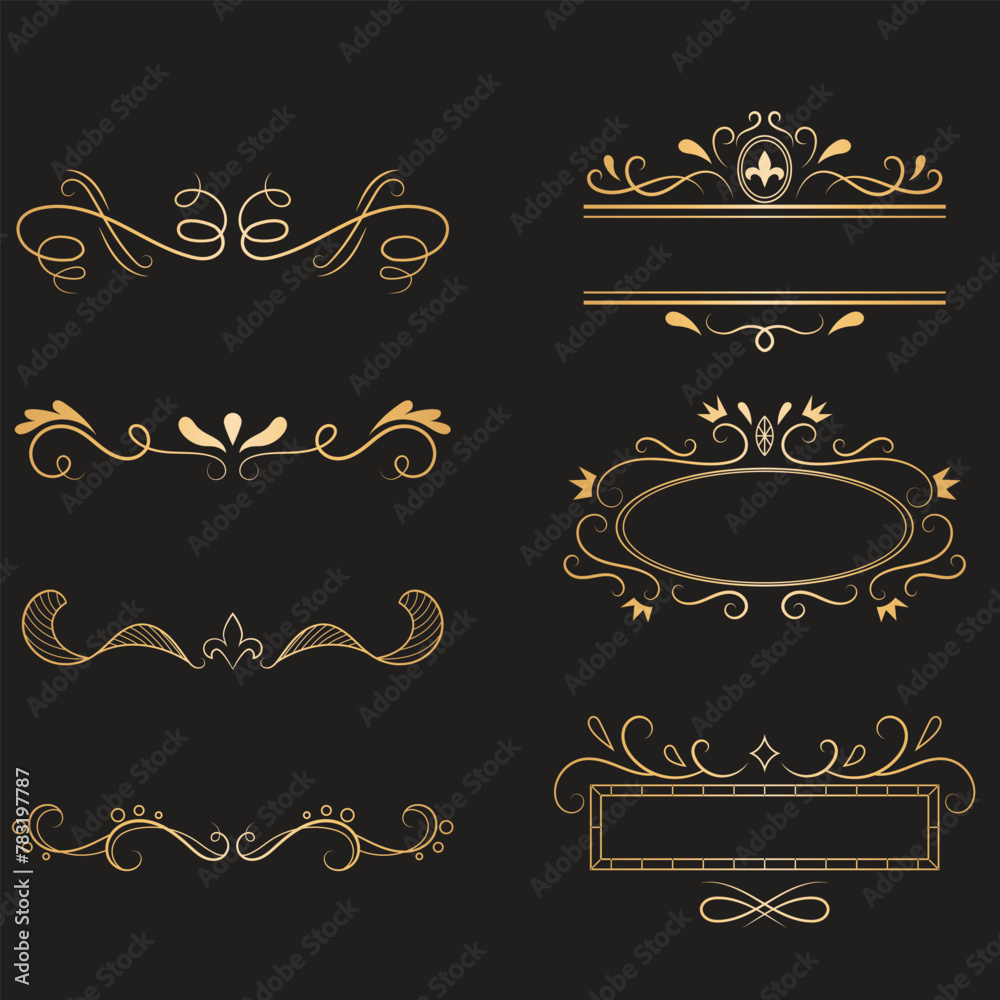 Vector vintage ornament set of calligraphic design elements: page decoration, Premium Quality and Satisfaction Guarantee Label, antique and baroque frames | Chalkboard background. Black illustration
