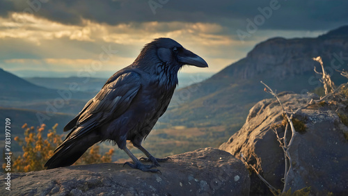 A crow standing and observing its surroundings in search of some prey.