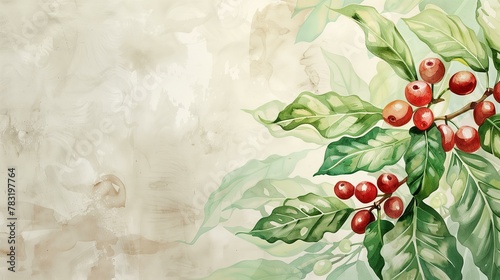 watercolor coffee plant with red beans, green leaves and branches on right side of empty beige background, hand drawn style