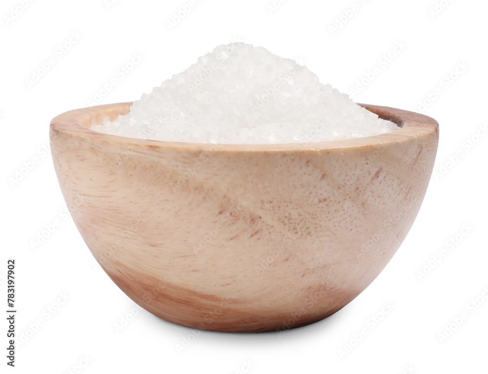 Natural salt in wooden bowl isolated on white