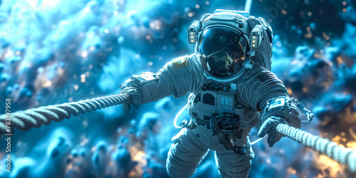 An astronaut in a spacesuit holding onto a rope and floating freely in space photo