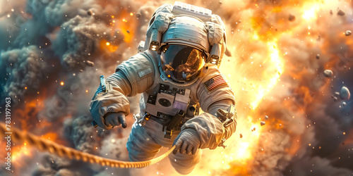 An astronaut in a spacesuit holding onto a rope and floating freely in space