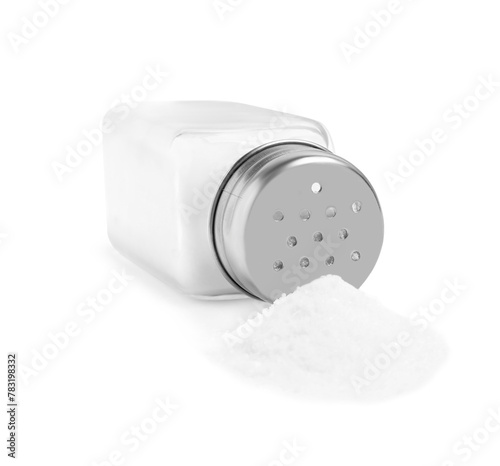 Natural salt and glass shaker isolated on white