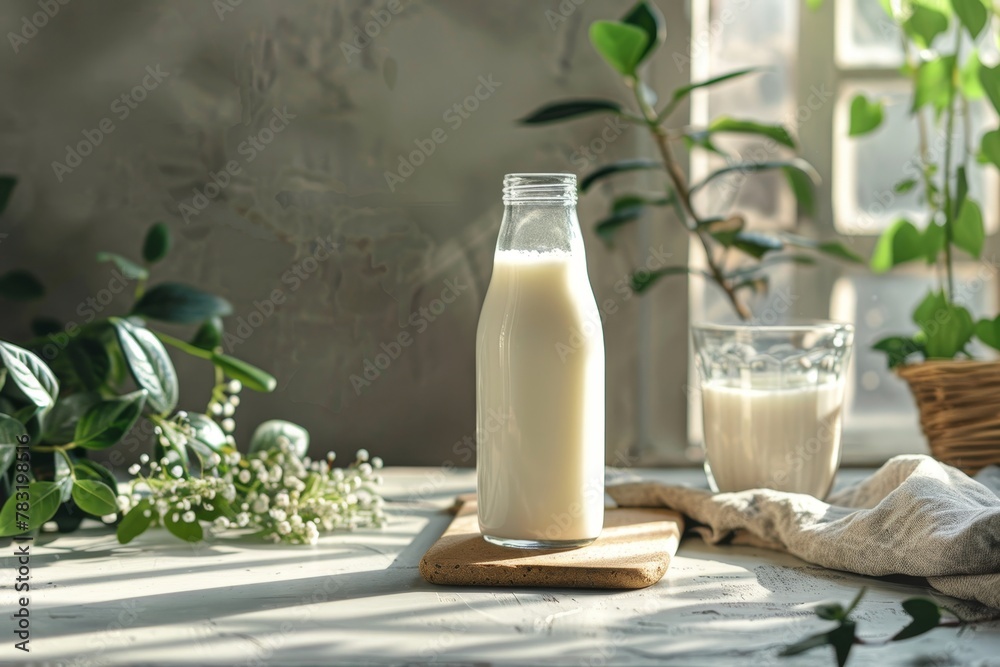 Bottle and glass of delicious, nutritious milk on bright wooden table with space for text or logo Bottle and glass of delicious, nutritious milk on bright wooden table with space for text or logo