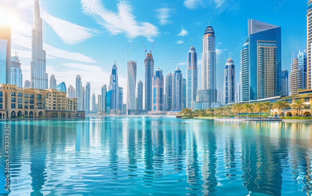 Obraz premium Dubai skyline mirrored in azure waters below, skyscrapers reaching for the sky