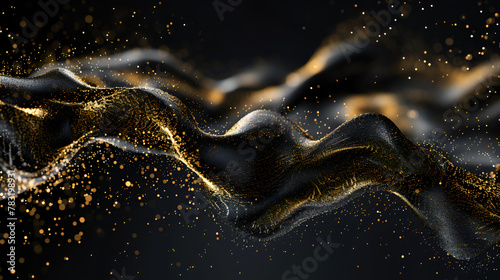 Abstract particles wave on black background,luxury black wavy background with golden glitter sparkles ,Abstract digital particles wave with depth of field and bokeh effect , Futuristic background 