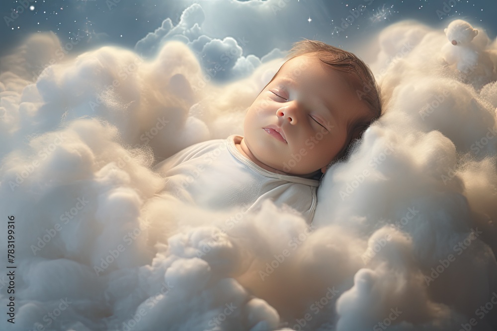 Sleeping baby on cloud-like bedding with starry sky