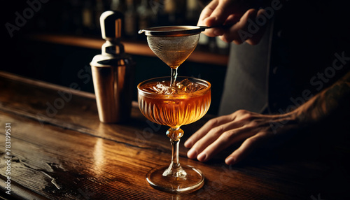 An elegant amber-colored cocktail in a vintage coupe glass, being poured from a mixing glass with a strainer by a bartender's hand, captured mid-pour photo
