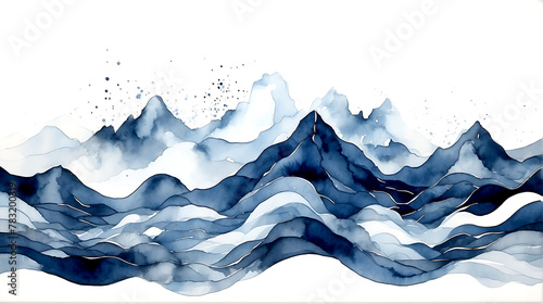 Abstract indigo light blue watercolour waves mountains on white background