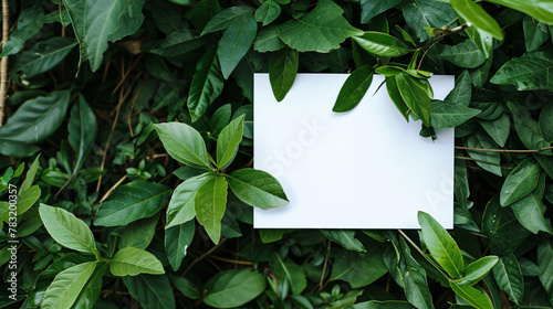 a photo with a white sheet of paper mockup on a sea of green leaves