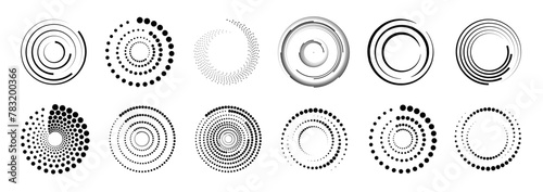 Halftone circular dotted frames set. Set of black thick halftone dotted speed lines. Speed lines in circle form. Geometric art. Vector
