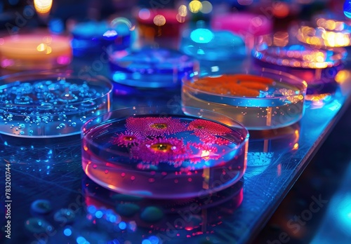 A vibrant display of bacterial growth within petri dishes, glowing under laboratory conditions, showcasing a variety of hues and shapes.