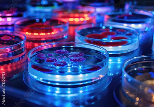 Luminous patterns of microbial life presented in petri dishes, illustrating the beautiful complexity of bacteria cultures in a lab environment.